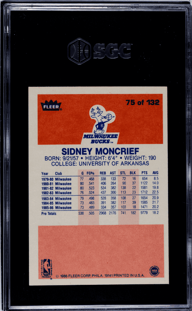 1986-87 Fleer Sidney Moncrief #75 Milwaukee Bucks HOF SGC 7 back of card